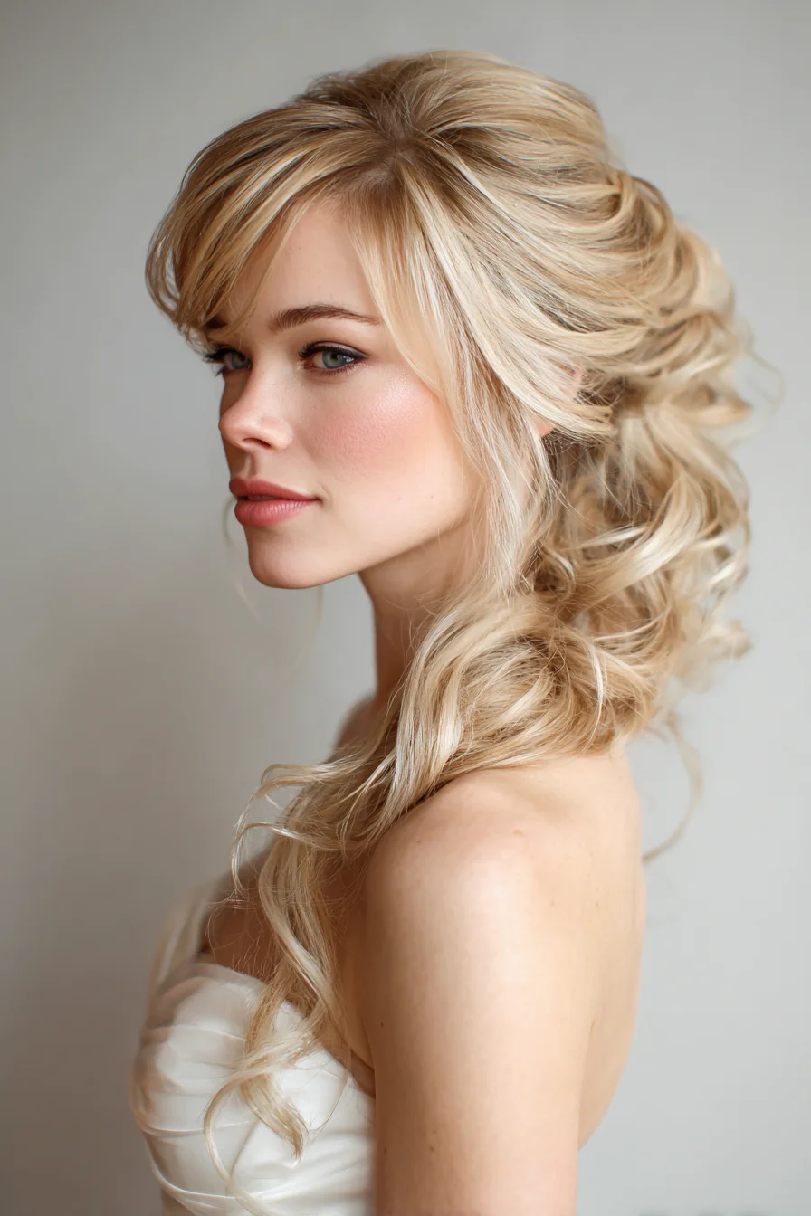 Romantic Half-Up Curly Bridal Updo with Side-Swept Bangs