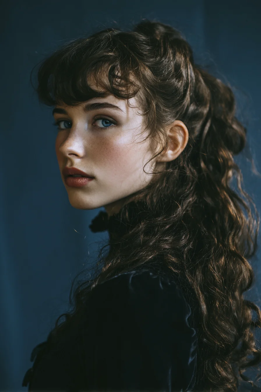 Romantic Half-Up Curly Ponytail with Curtain Bangs