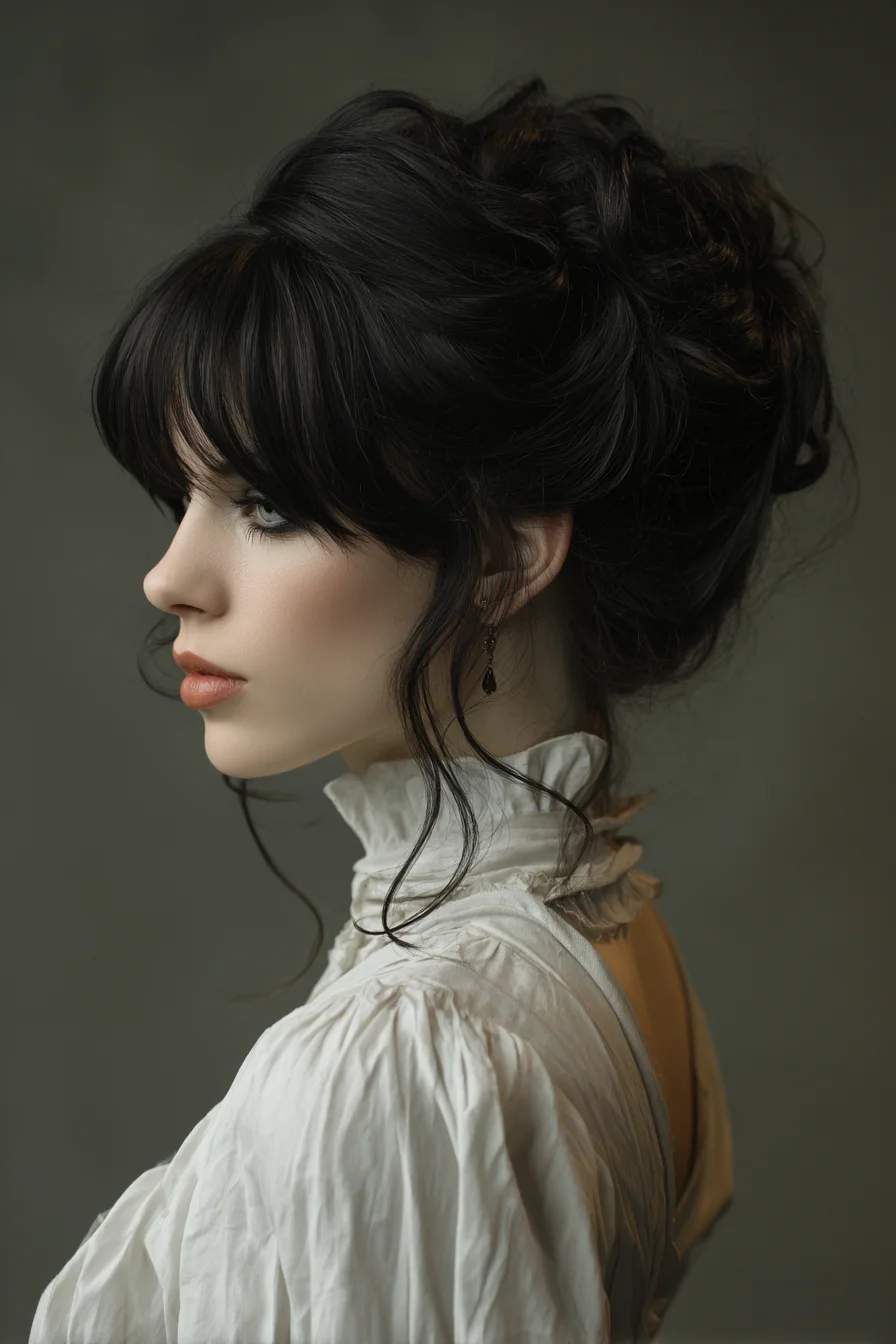 Romantic Messy Updo with Soft Curtain Bangs and Face‑Framing Tendrils