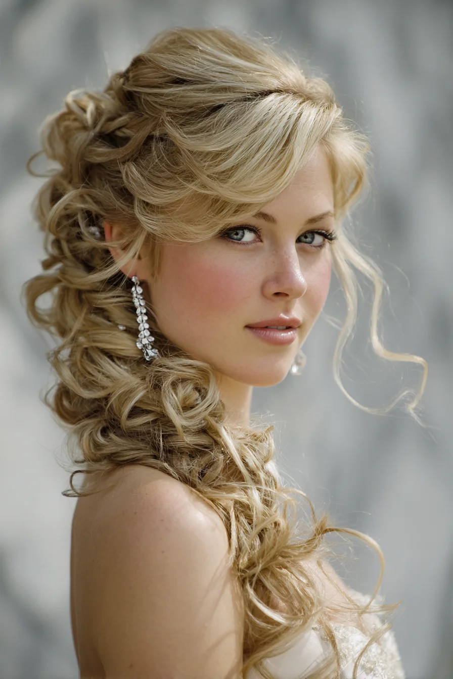 Romantic Side-Swept Cascading Curls Half-Up Hairstyle