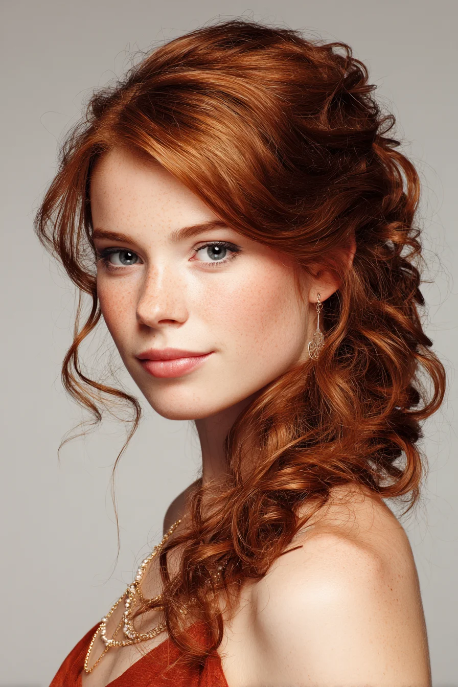Romantic Side-Swept Loose Curls with Textured Half-Up Twist