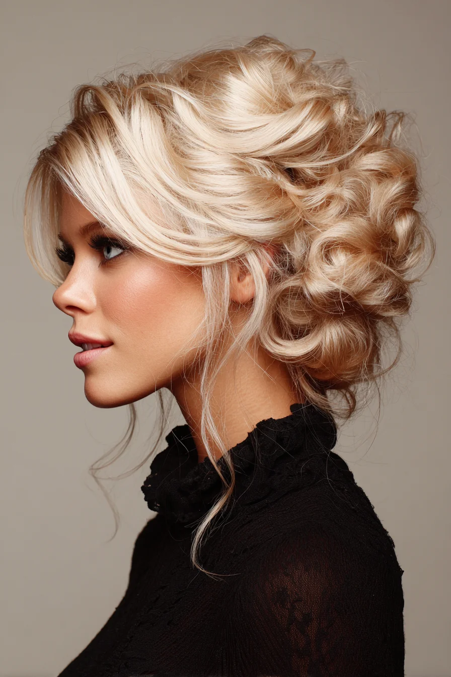 Romantic Textured Curly Low Updo with Face‑Framing Pieces