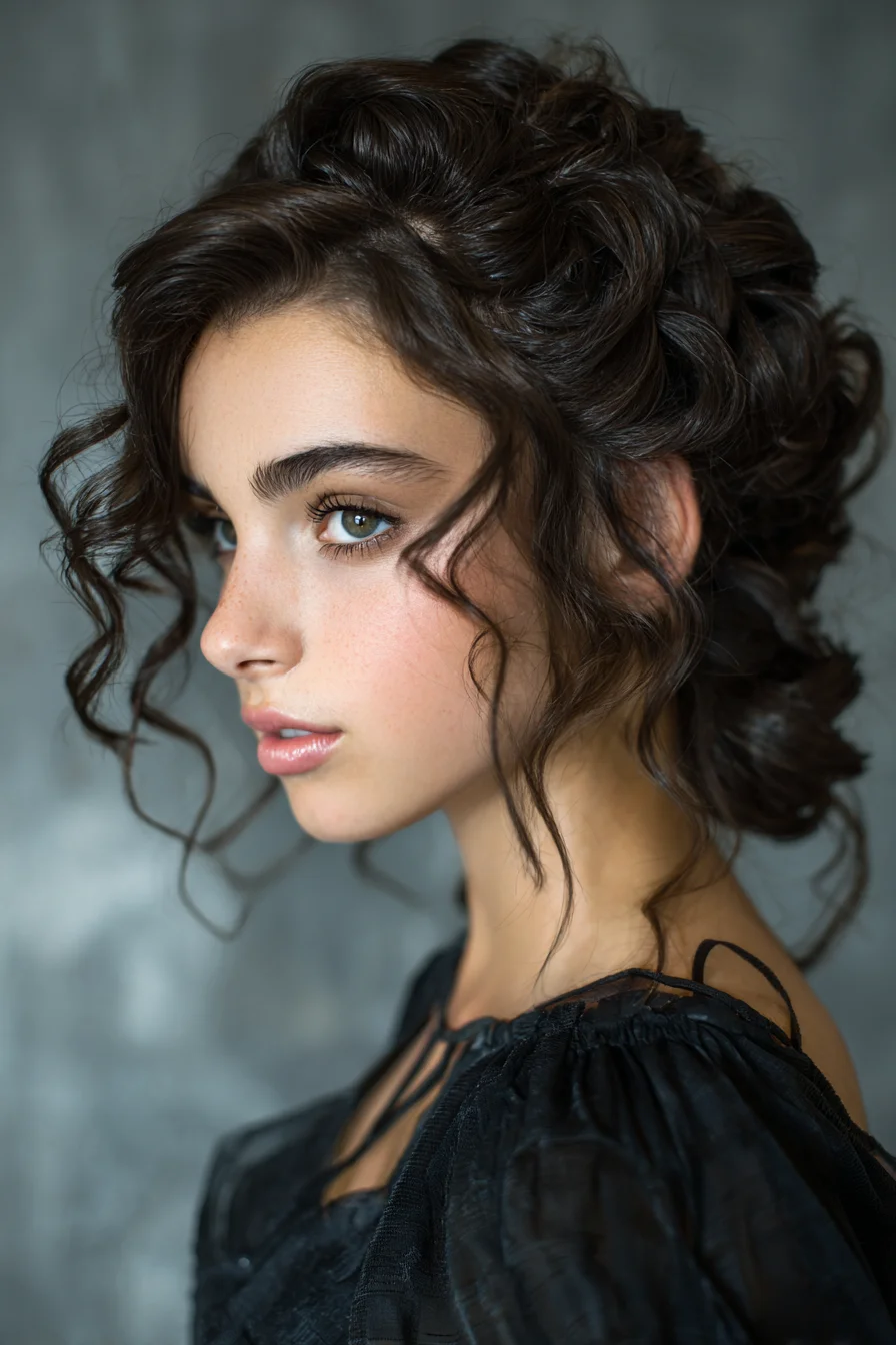 Romantic Textured Curly Updo with Face‑Framing Tendrils