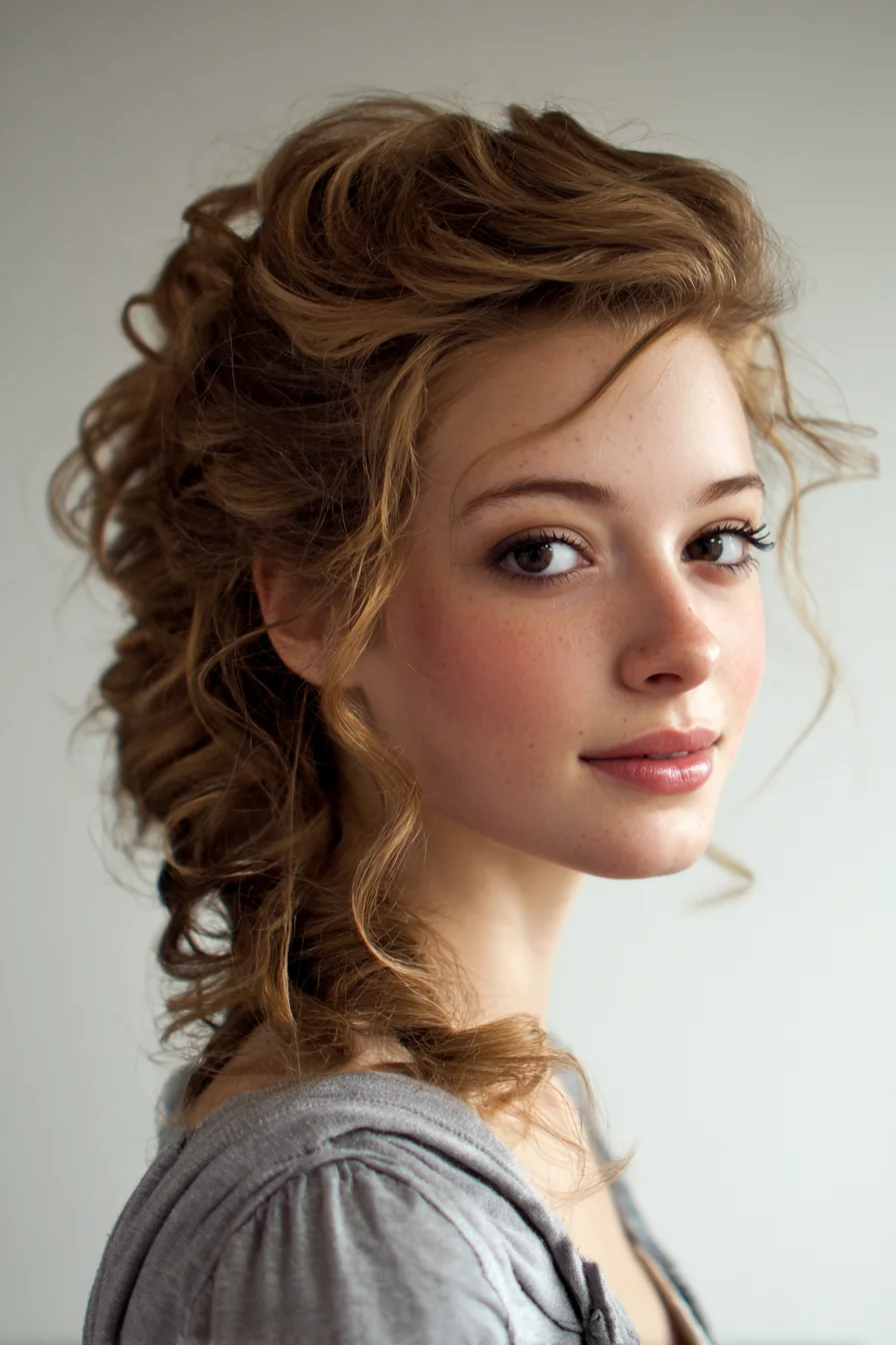 Romantic Textured Curly Updo with Face‑Framing Tendrils