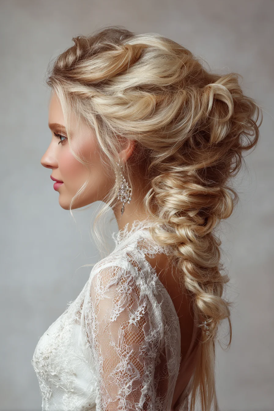 Romantic Textured Side Braid Updo — Voluminous Boho Bridal Hairstyle