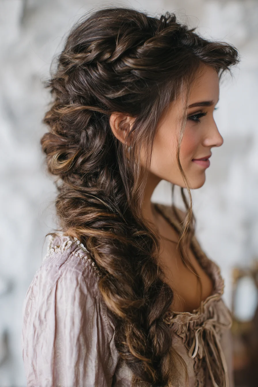 Romantic Textured Side Fishtail Braid with Loose Face‑Framing Tendrils