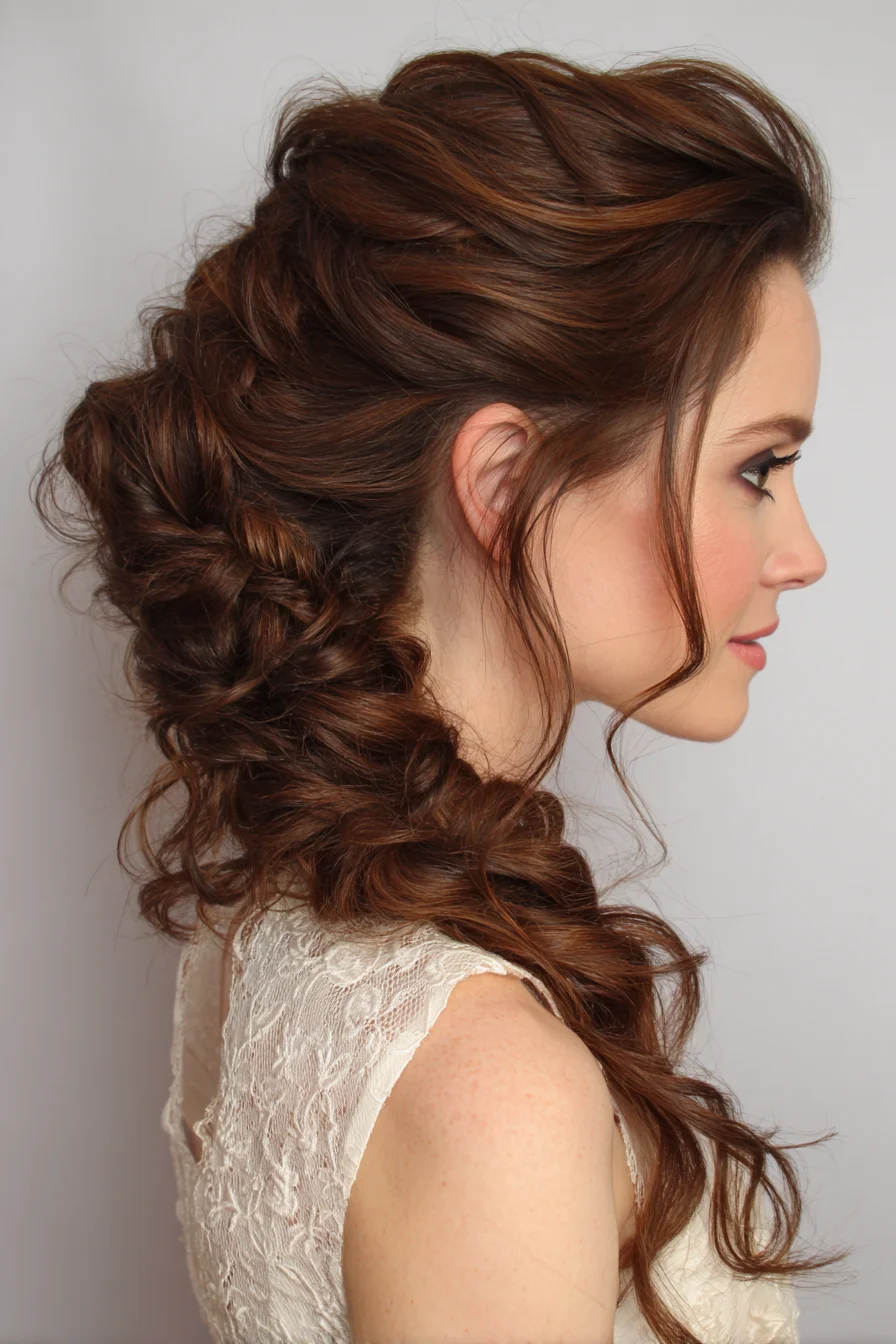 Romantic Textured Side‑Swept Braided Updo with Loose Curls
