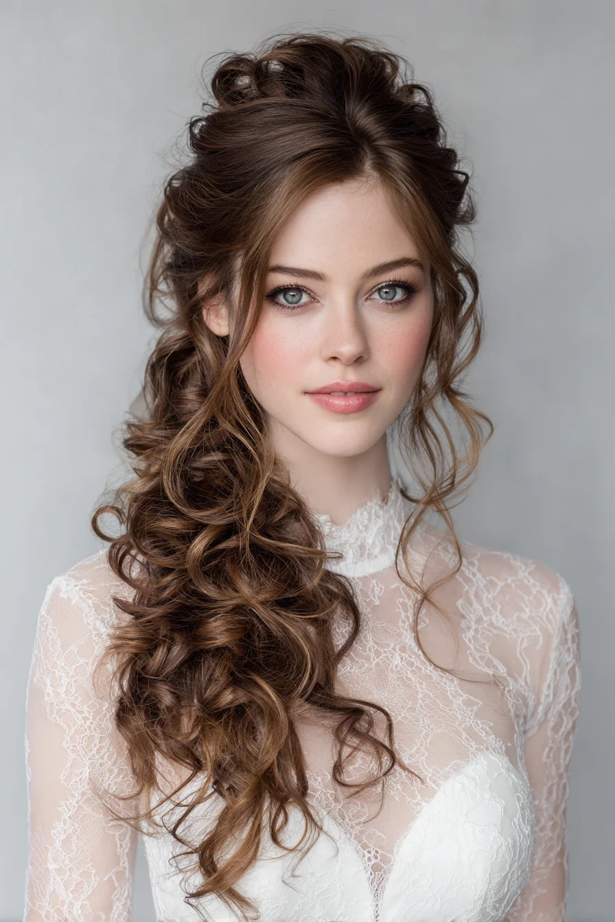 Romantic Textured Side-Swept Curls with Volume and Face‑Framing Tendrils