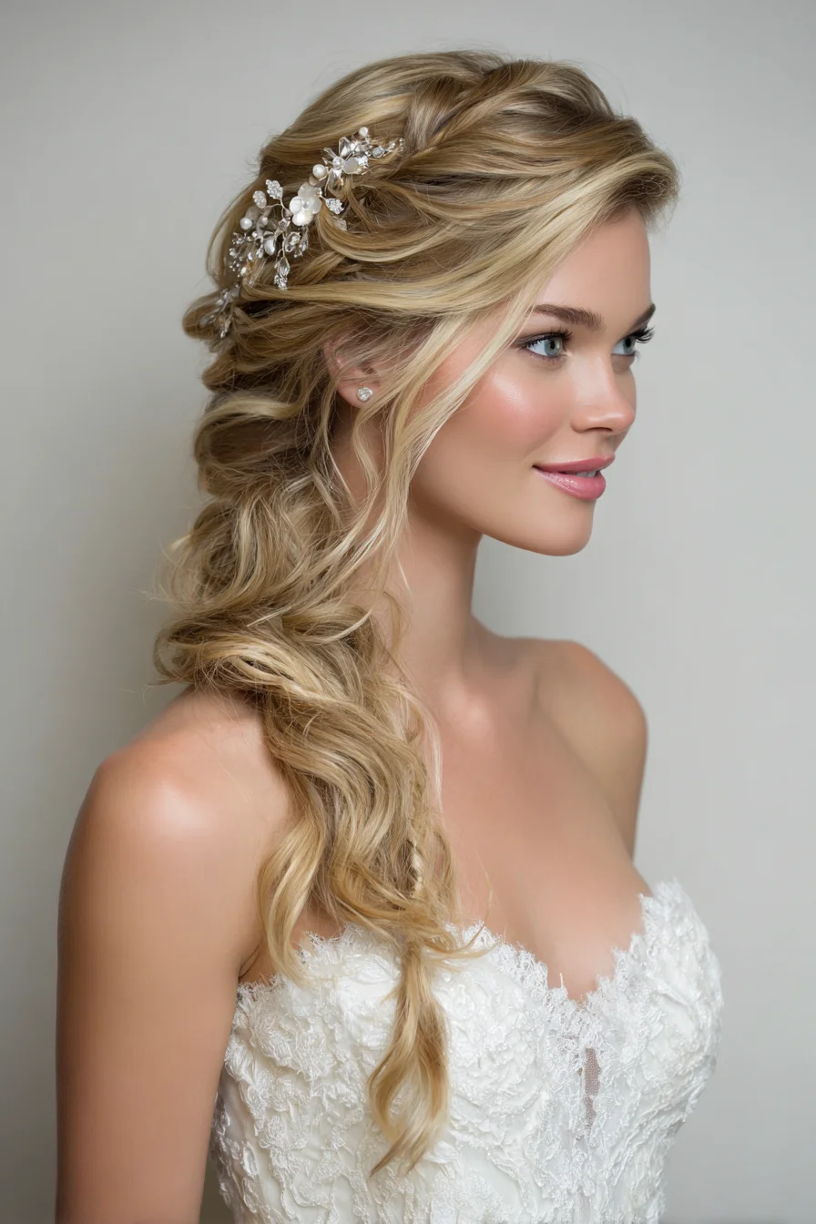 Romantic Twisted Side Braid with Soft Waves and Bridal Hairpiece