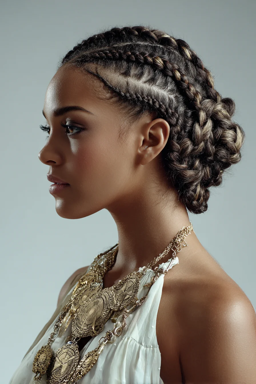 Sculpted Feed-In Cornrows Leading to a Low Braided Bun