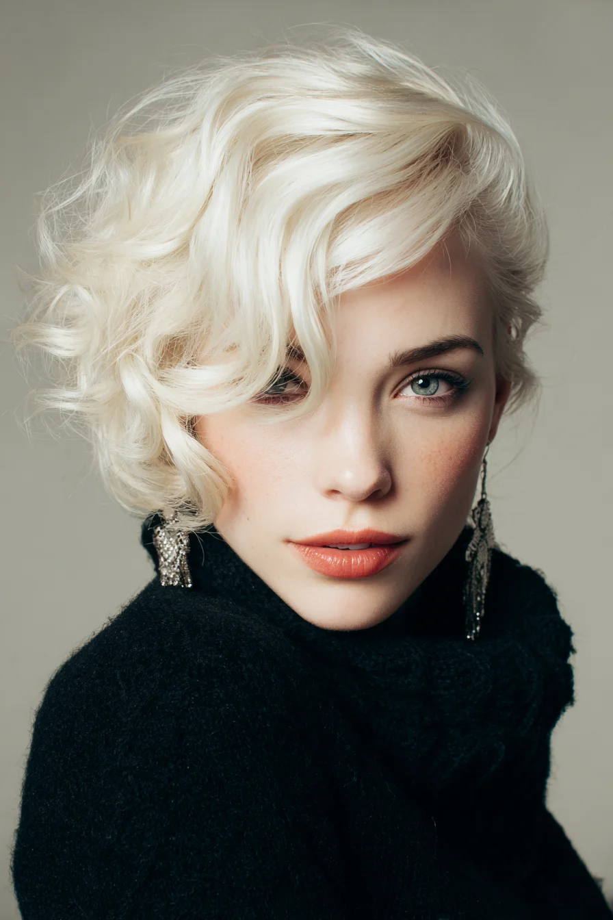 Short Platinum Blonde Wavy Bob with Side‑Swept Finger Waves