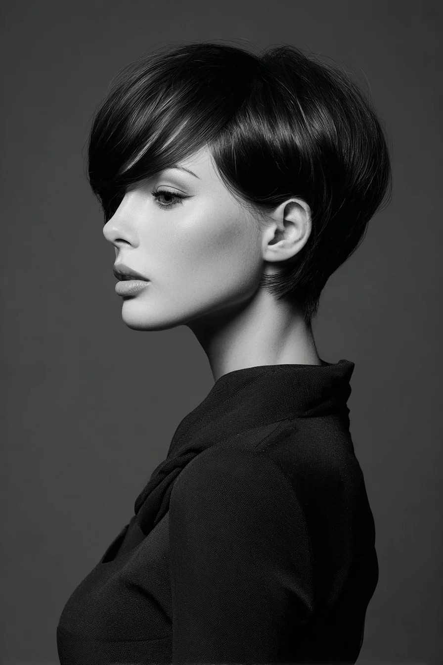 Short Stacked Pixie with Side-Swept Fringe — Sleek Salon Finish