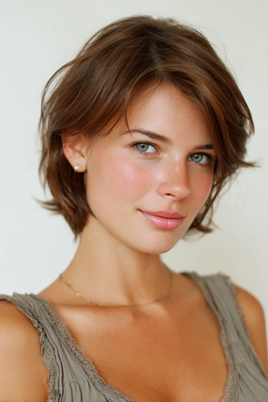 Short Textured Layered Bob with Side-Swept Face‑Framing Fringe