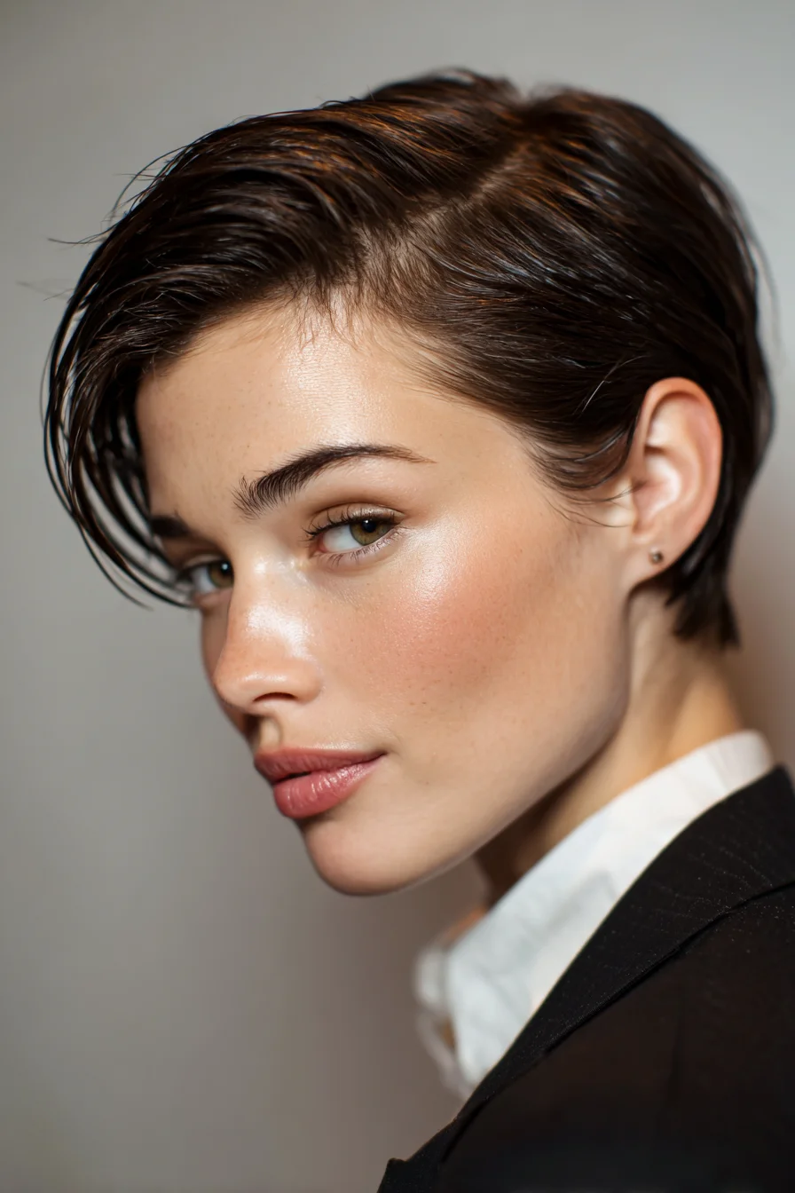 Short Textured Pixie with Wet-Look Side Sweep