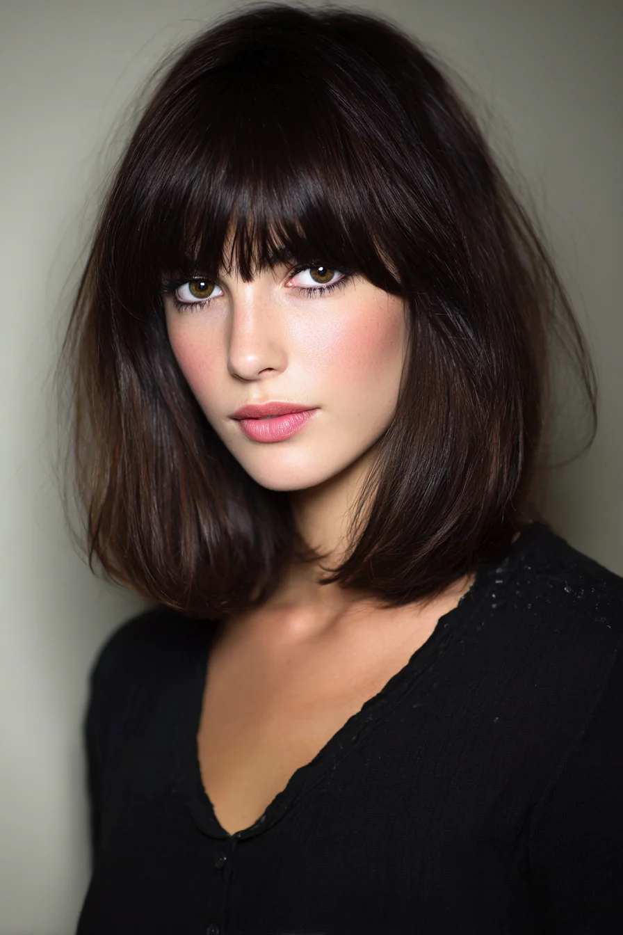Shoulder-Length Blunt Bob with Full Fringe — Sleek Rounded Ends