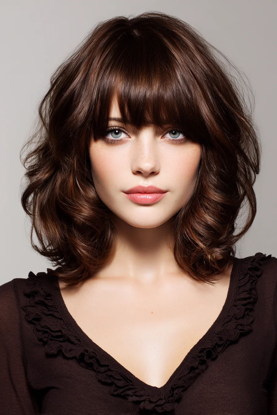 Shoulder-Length Layered Cut with Soft Waves and Full Fringe