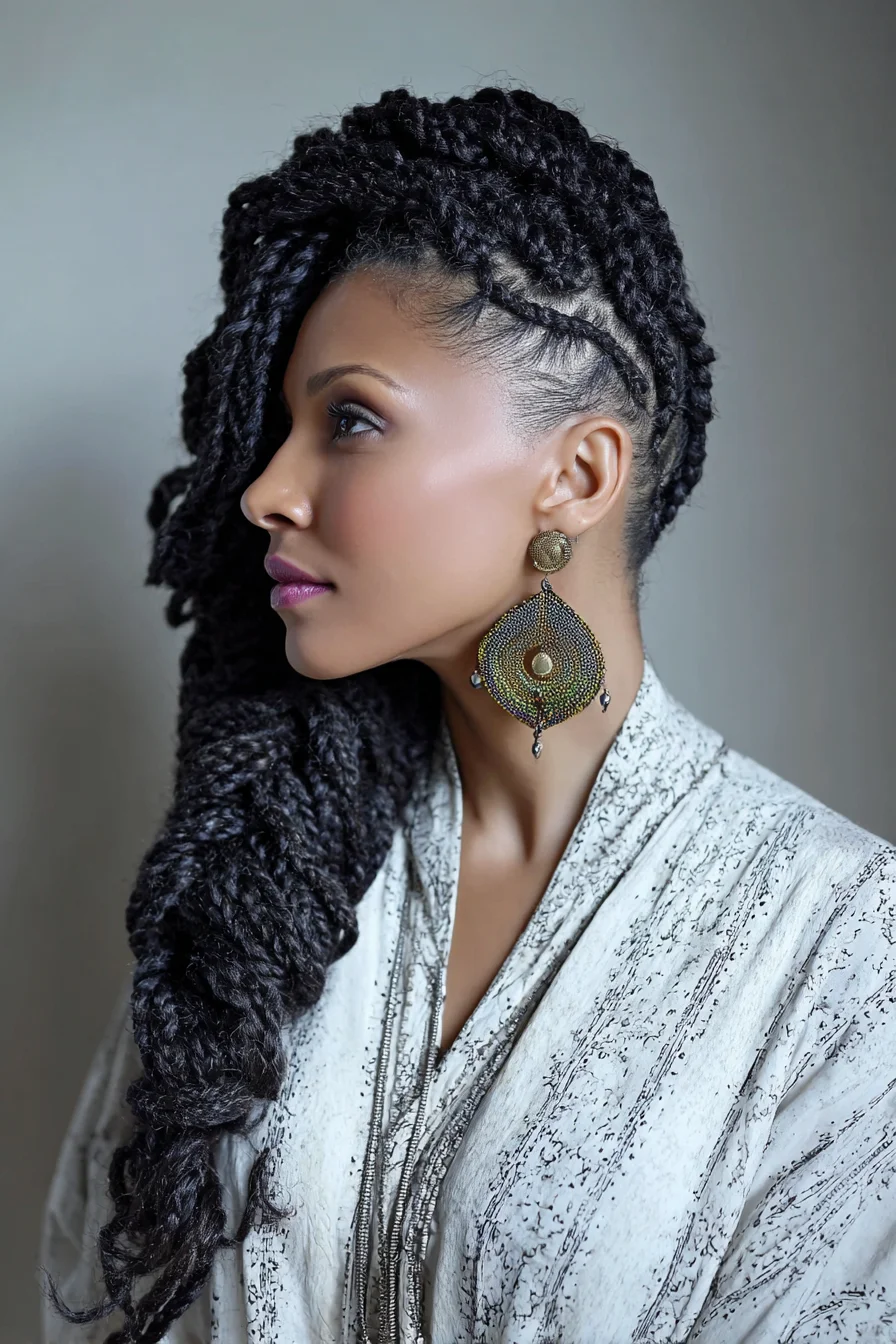 Side-Swept Chunky Rope Twists with Cornrowed Underside — Protective Natural Style