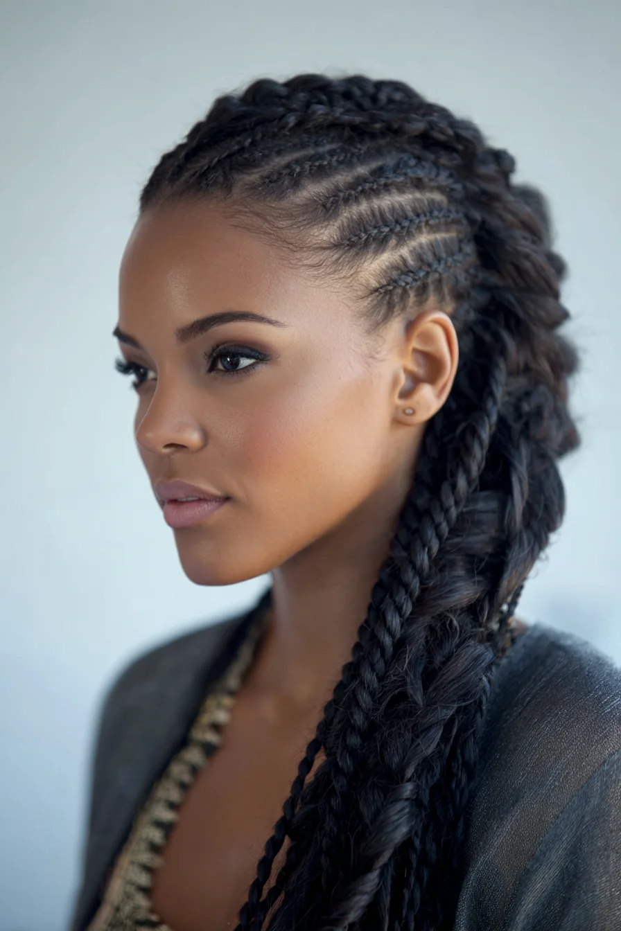 Side-Swept Cornrows with Feed-In Box Braids