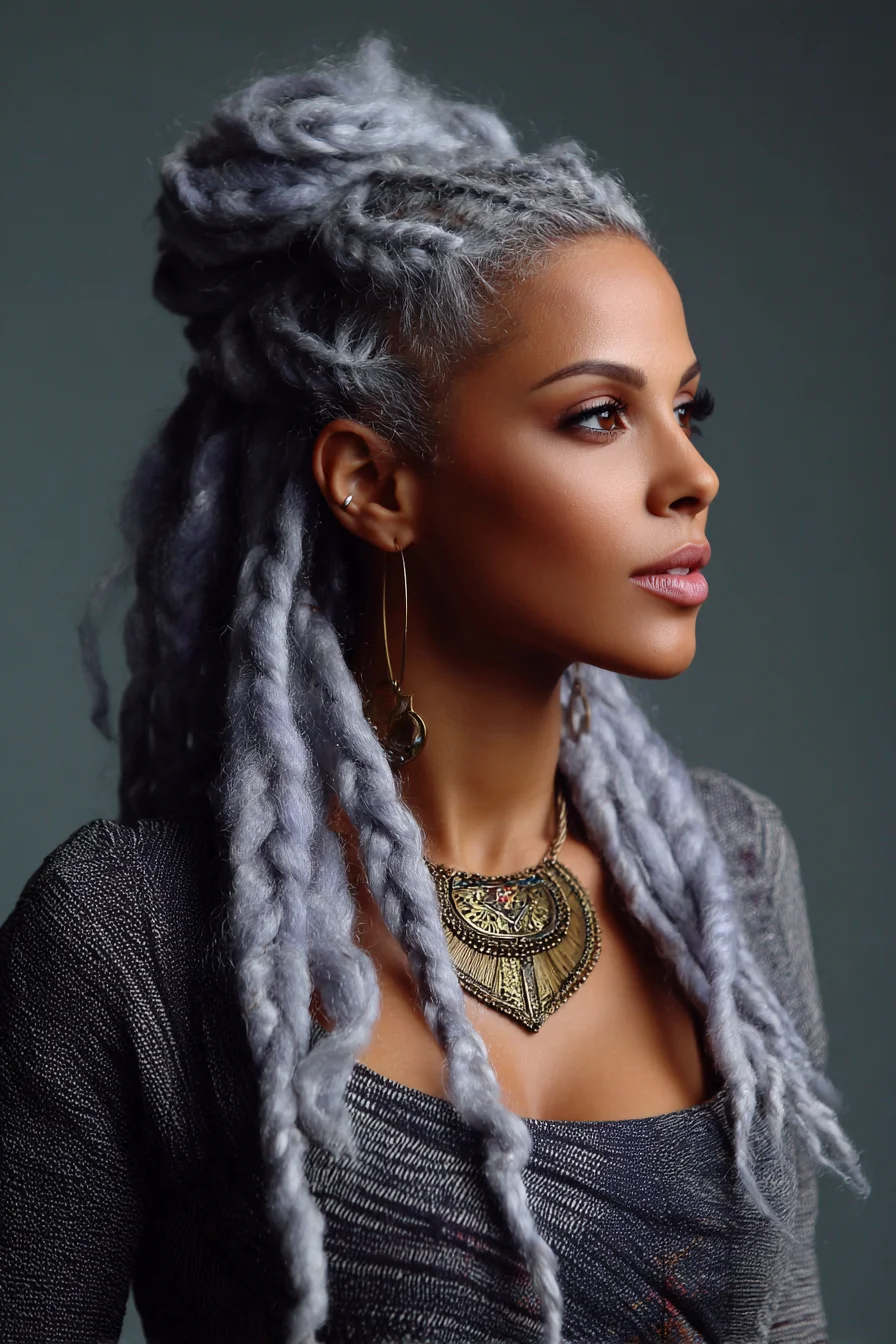 Silver Chunky Faux Locs Half‑Up Updo — Textured Dreadlock Style
