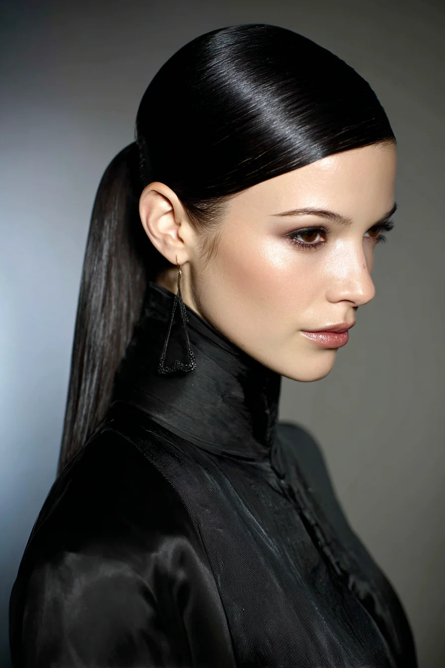 Sleek Glossy Low Ponytail with Deep Side Part — Smooth, Straight Finish