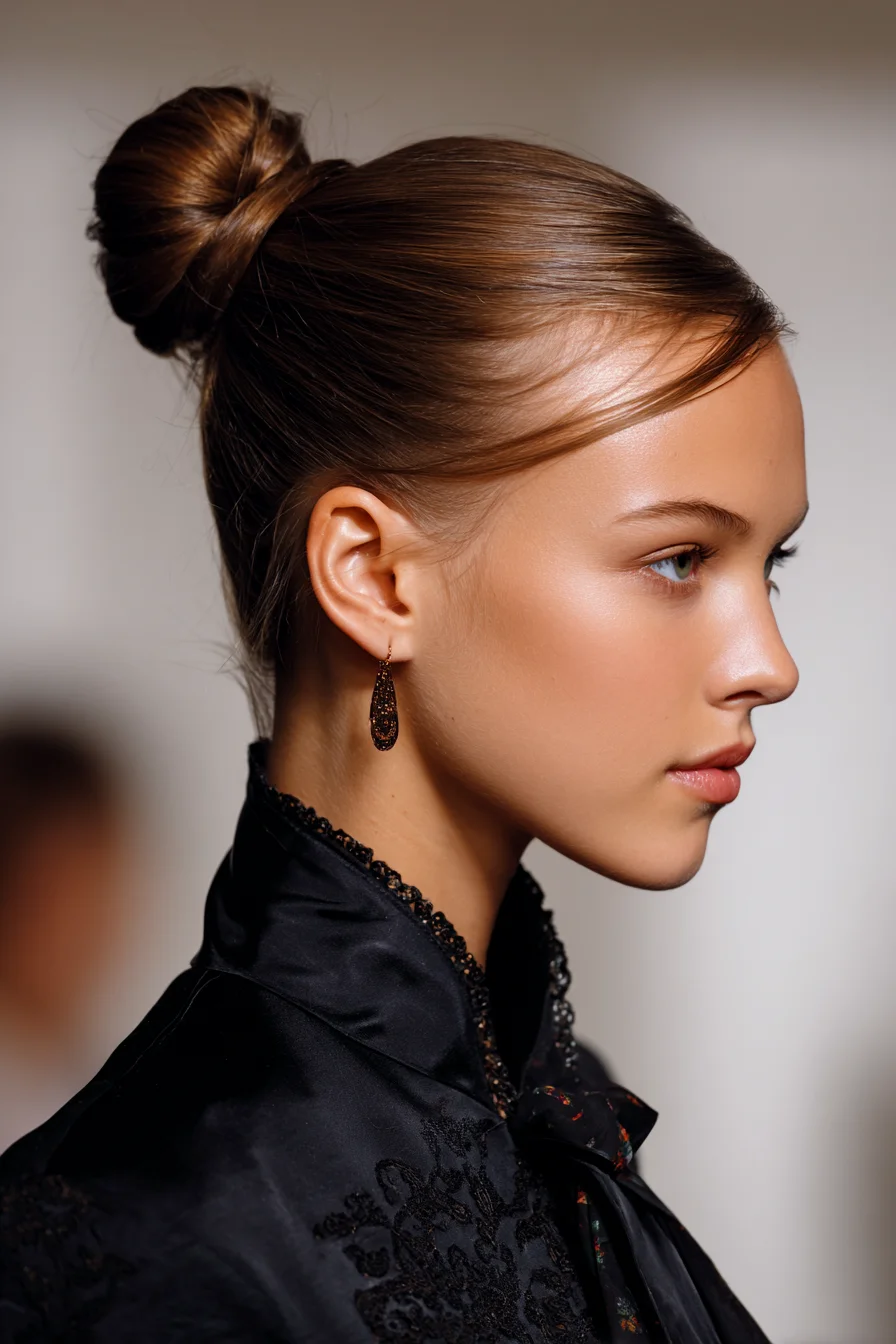 Sleek High Bun Updo with Soft Face‑Framing Wisps