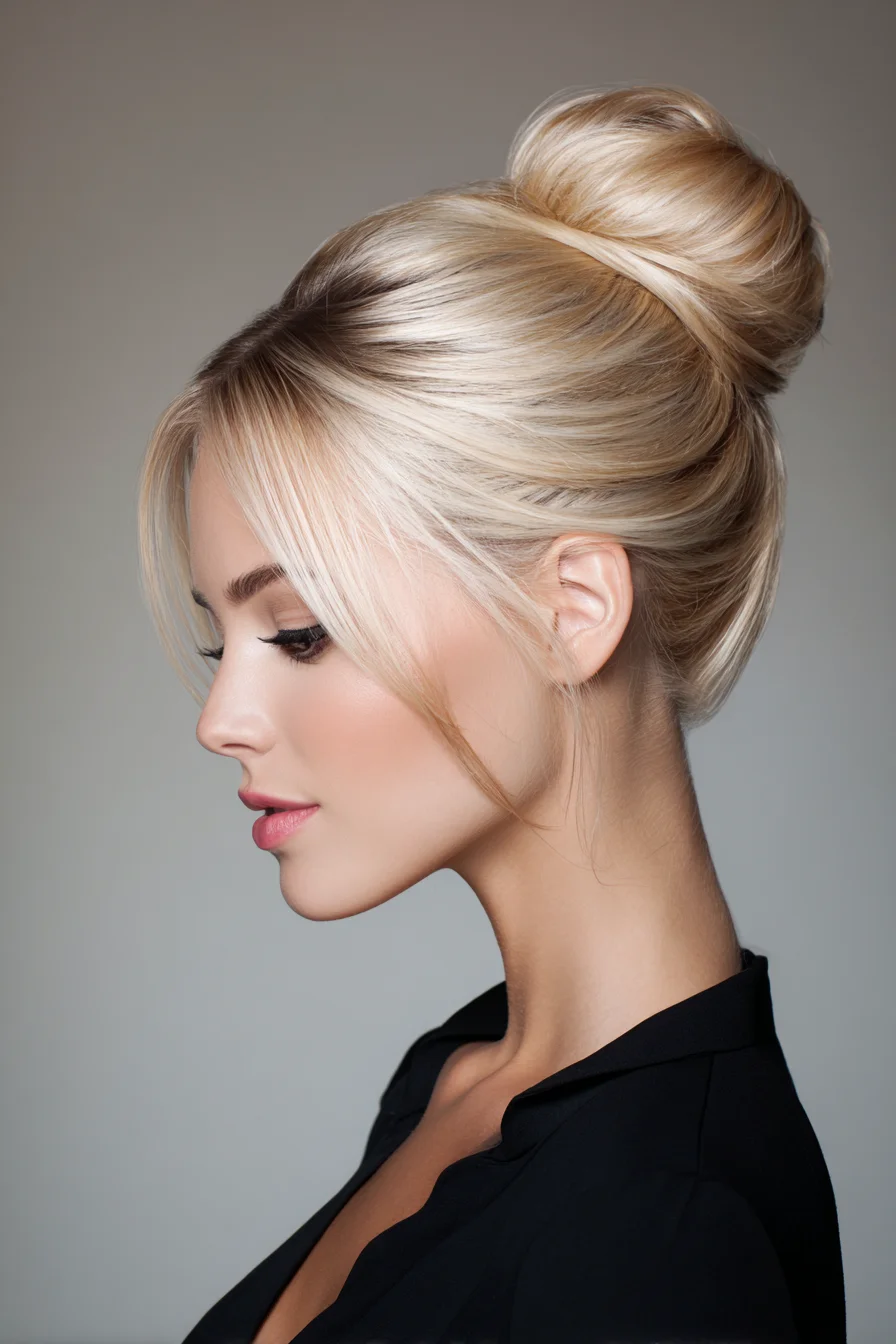 Sleek High Bun with Face‑Framing Tendrils