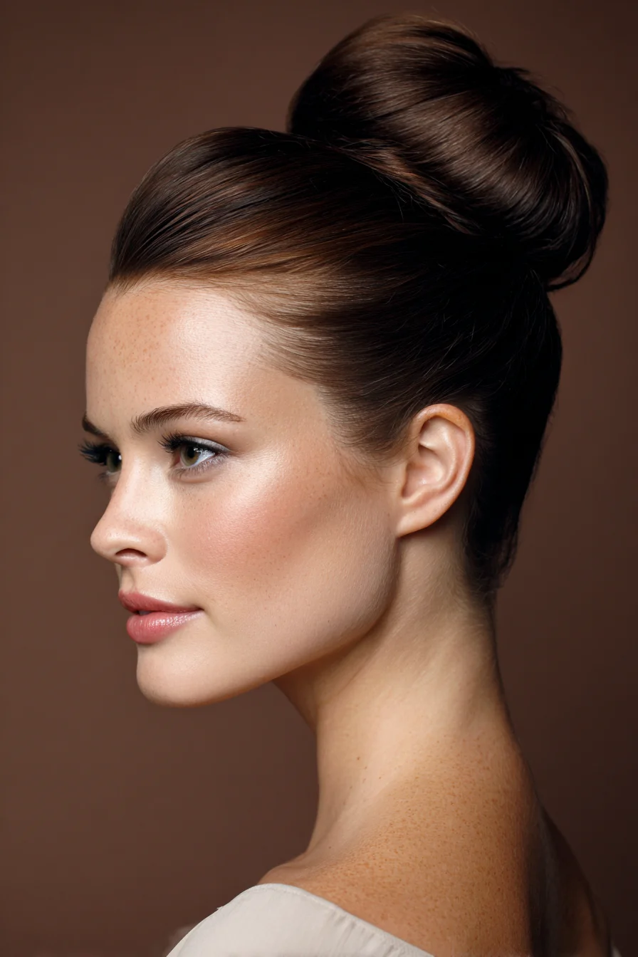 Sleek High Bun with Smooth Volume — Classic Donut Updo for Medium to Thick Hair