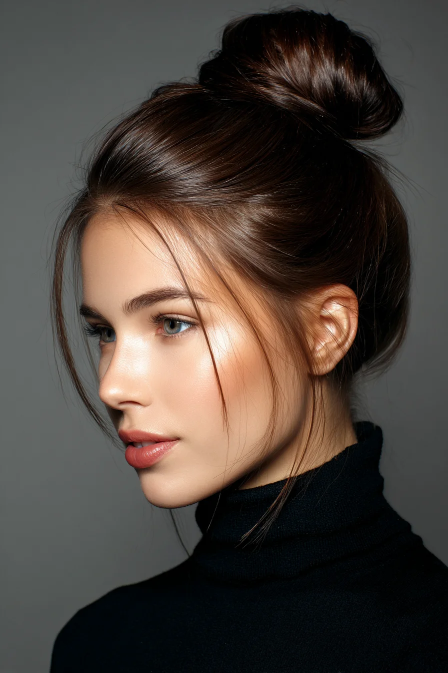 Sleek High Bun with Soft Face‑Framing Tendrils