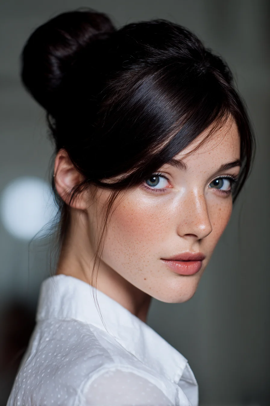Sleek High Bun with Soft Face-Framing Tendrils