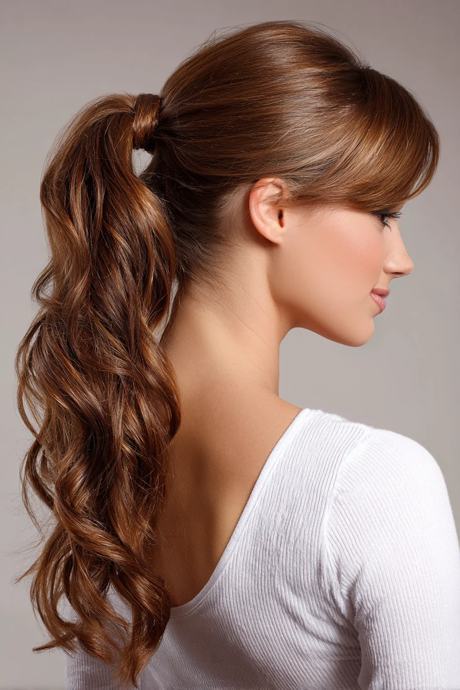 Sleek High Ponytail with Wrapped Base and Loose Waves