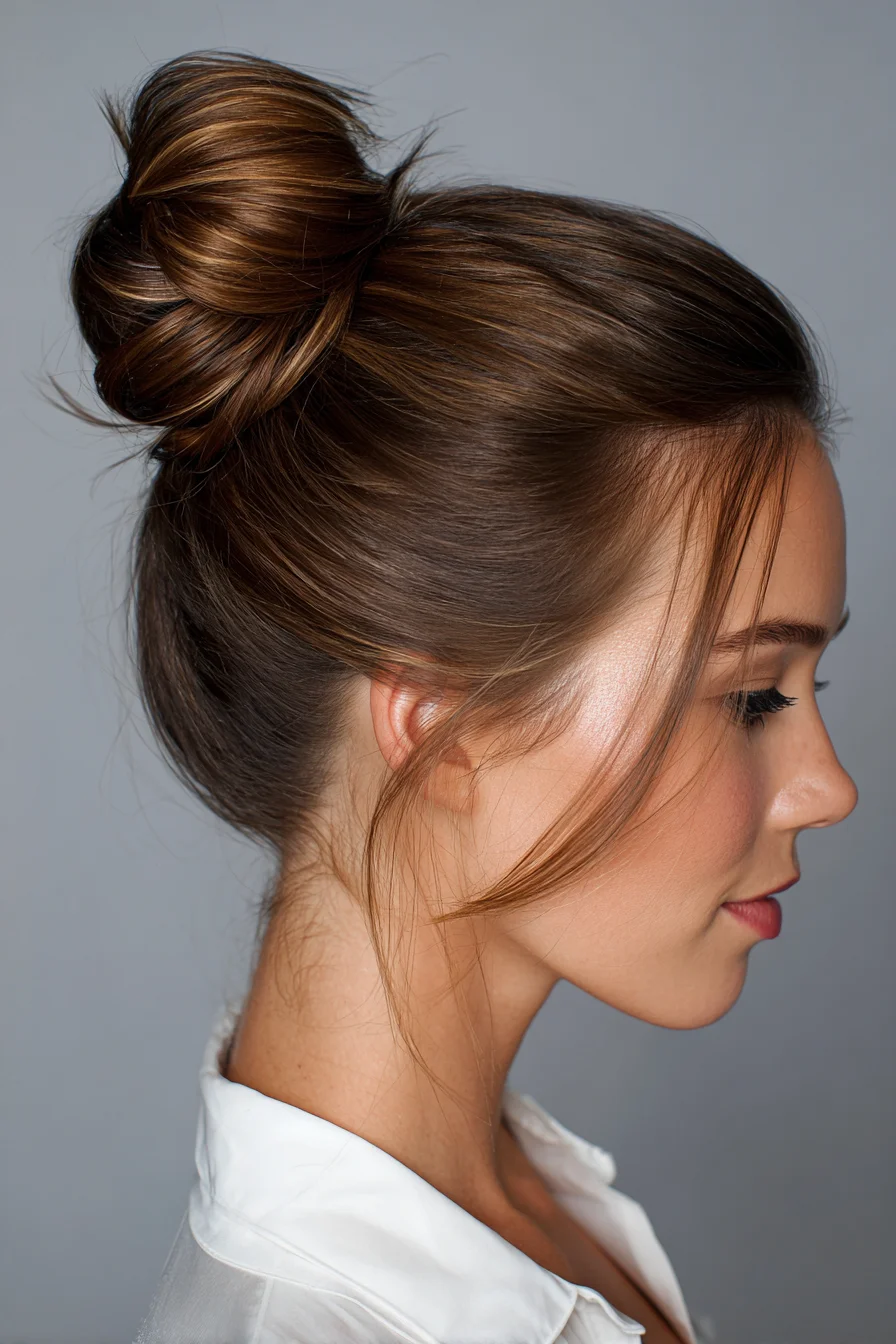 Sleek High Top Knot Bun with Soft Face‑Framing Pieces