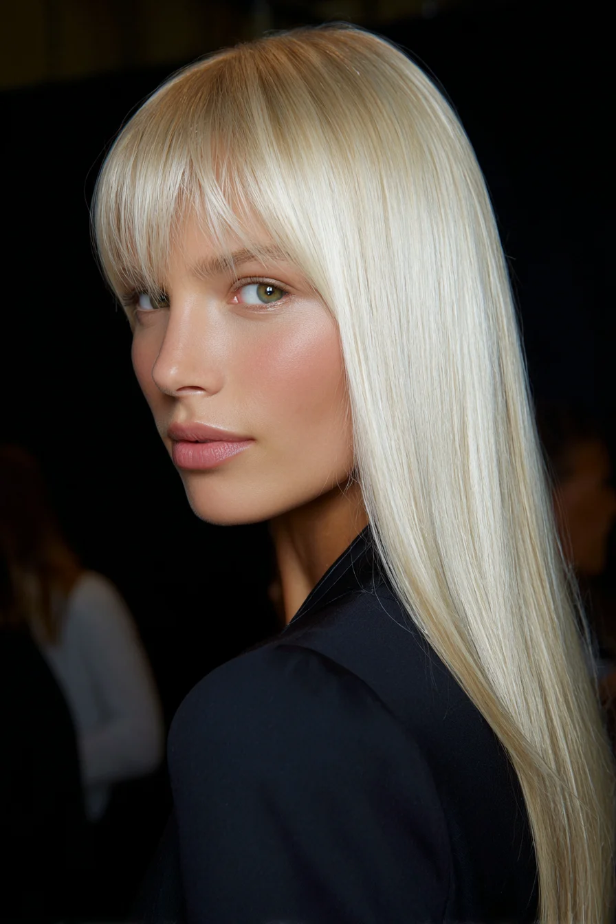 Sleek Long Platinum Blonde with Blunt Fringe