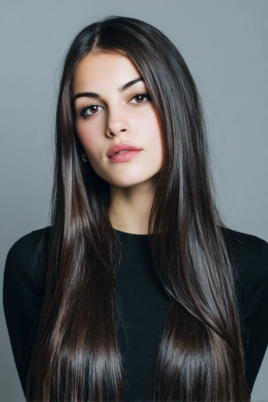 Sleek Long Straight Hair with Center Part and Glossy Finish