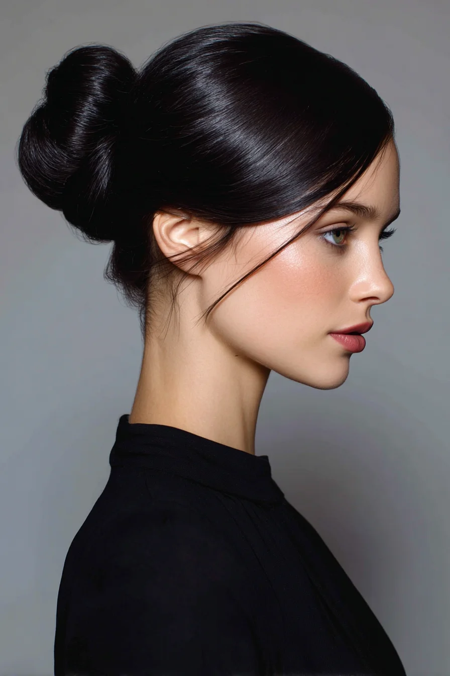 Sleek Low Chignon Bun with Face‑Framing Tendrils