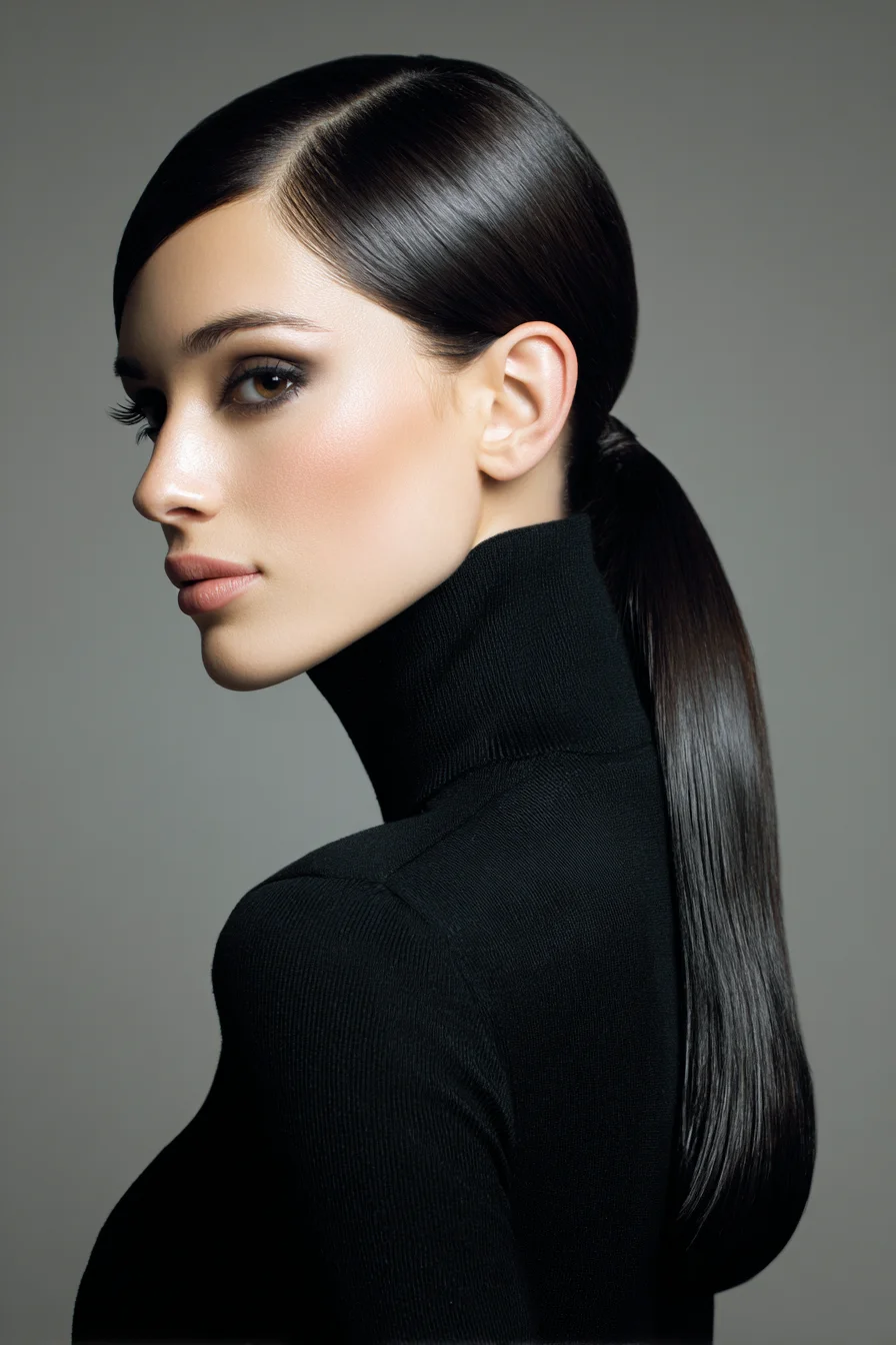 Sleek Low Ponytail with Deep Side Part — High‑Shine Smooth Finish