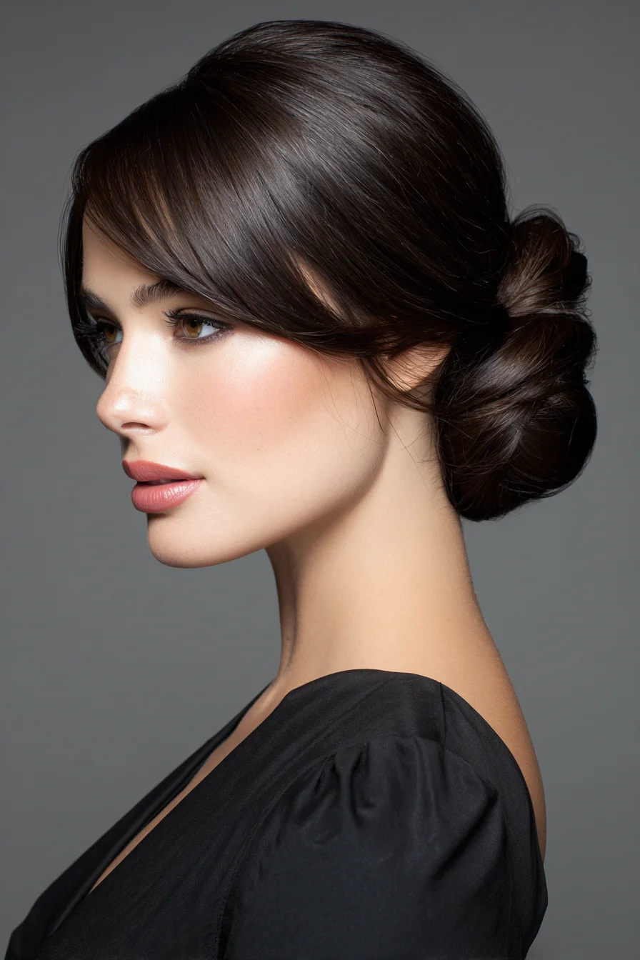 Sleek Low Twisted Bun with Side‑Swept Bangs — Polished Chignon
