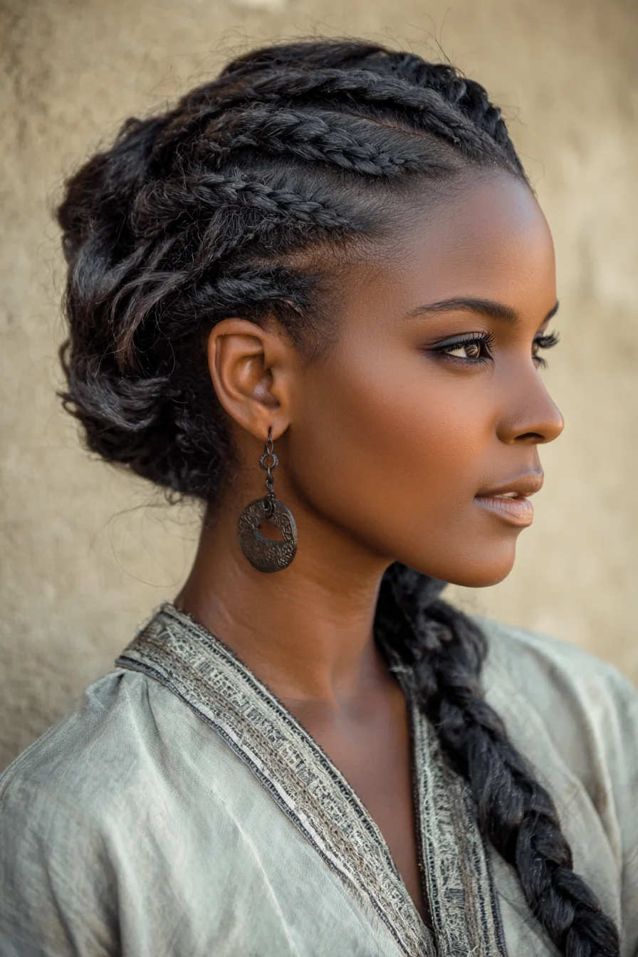 Sleek Side Cornrows Flowing into a Low Braided Bun