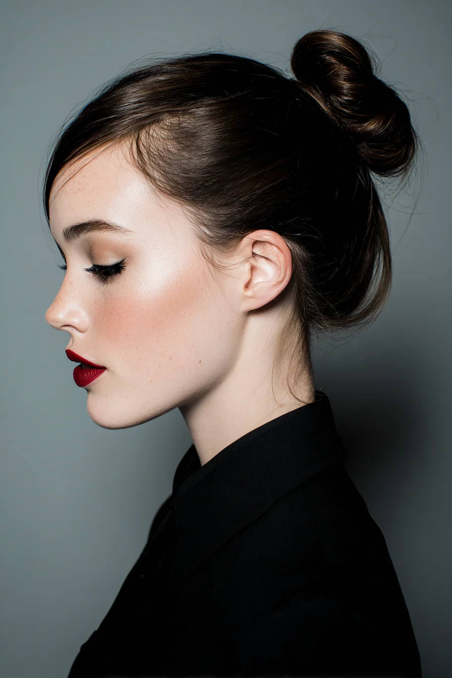 Sleek Top Knot Bun with Side‑Swept Fringe