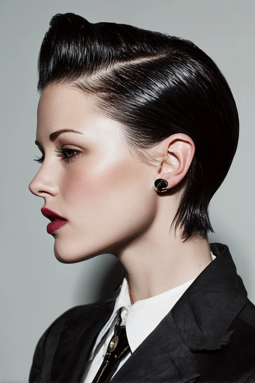 Sleek Wet-Look Sculpted Pixie with Deep Side Part