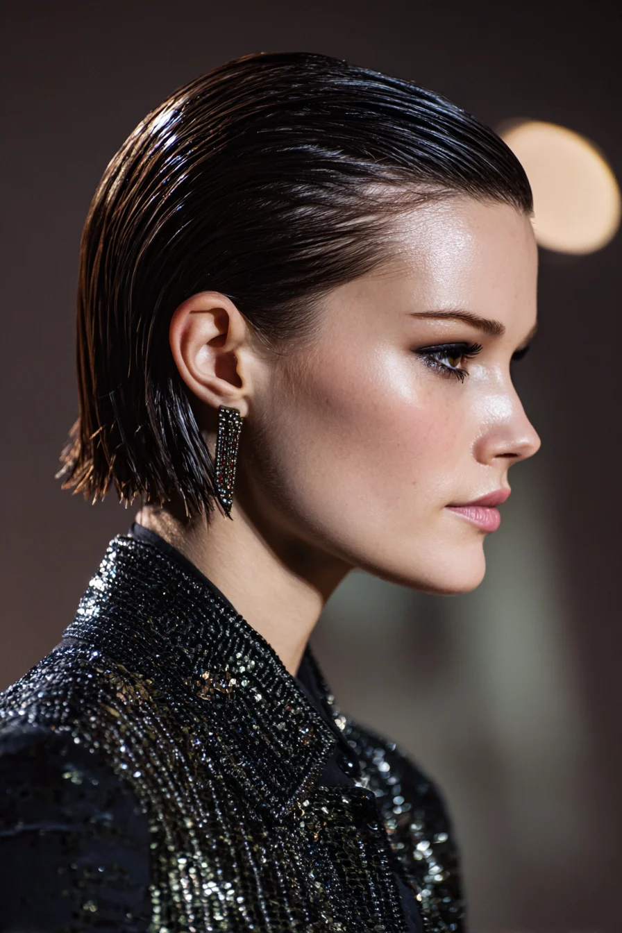 Slicked-Back Wet-Look Short Bob — Glossy Blunt Crop