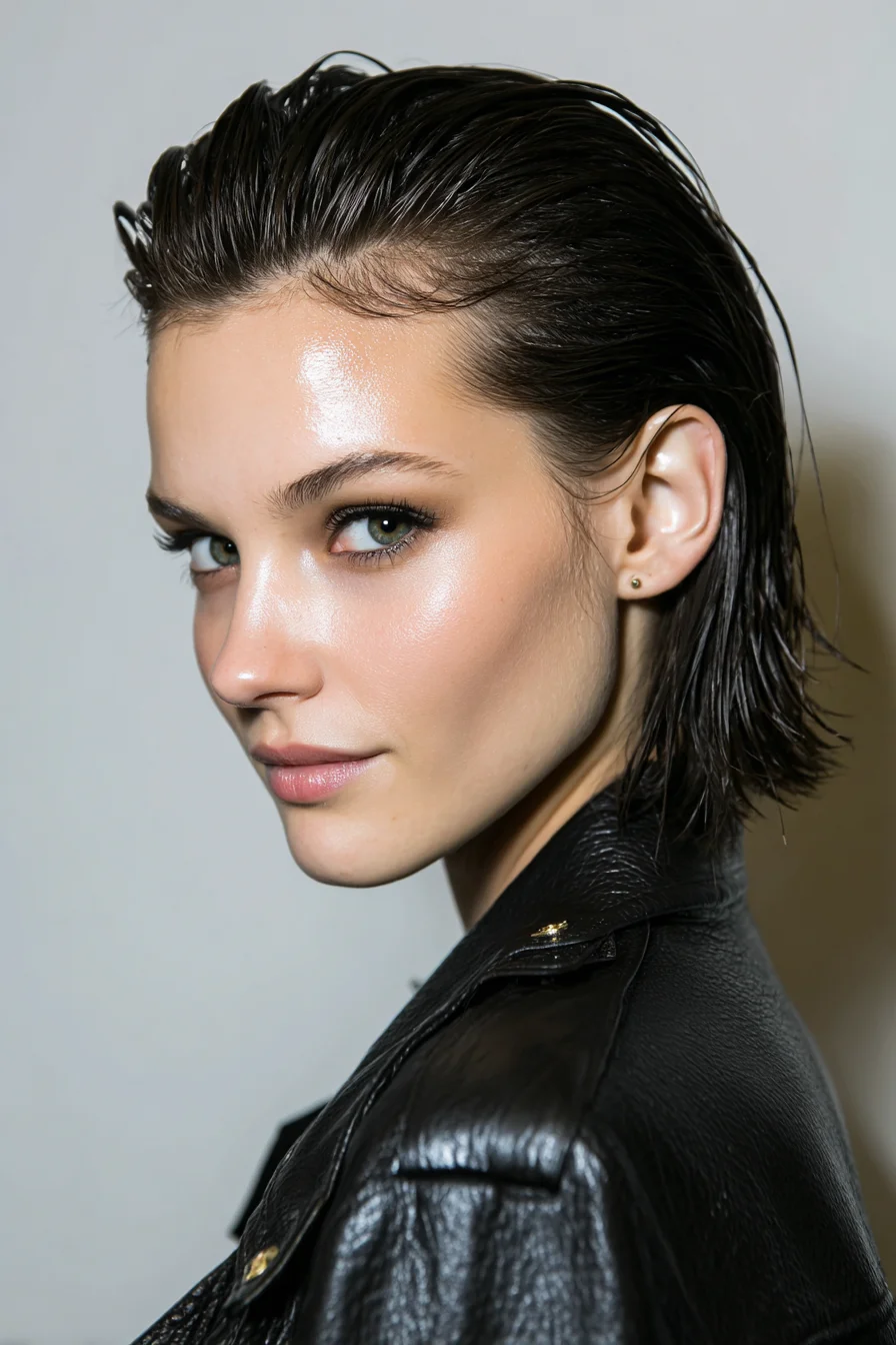 Slicked-Back Wet-Look Short Bob — Textured Jaw-Length Bob for Fine to Medium Hair
