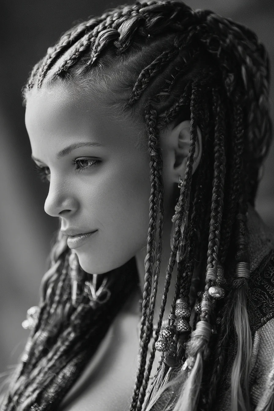 Small Cornrows Leading into Long Micro‑Braids with Bead Accents