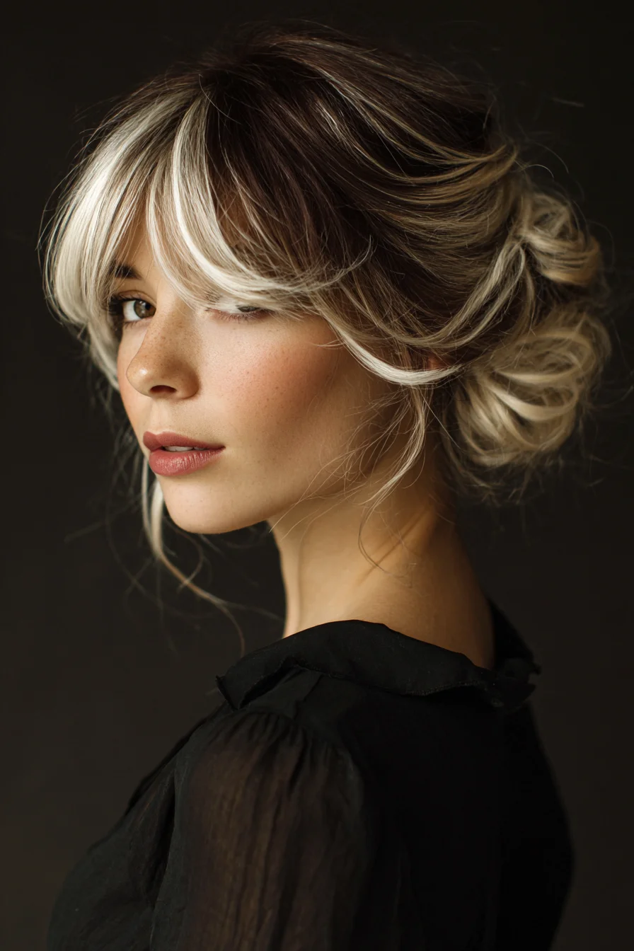 Soft Curtain Bangs with Low Messy Chignon — Blonde Balayage Updo