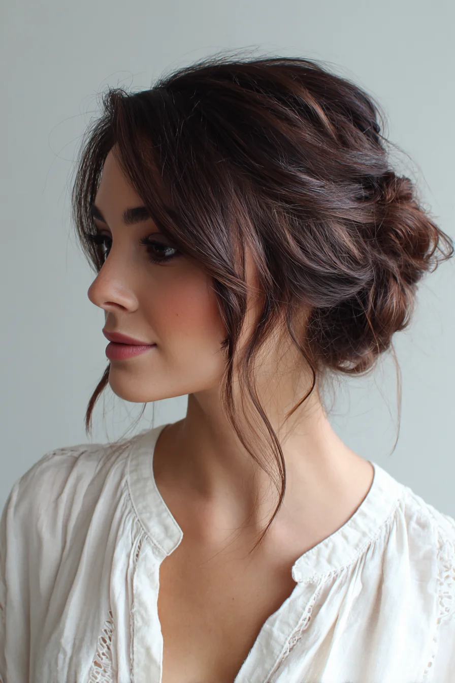 Soft Low Messy Chignon with Face‑Framing Tendrils — Textured Updo