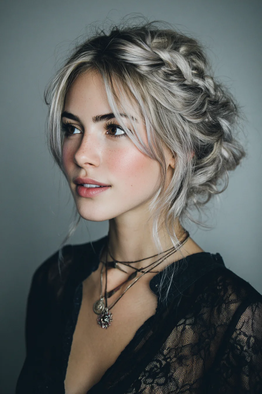 Soft Messy Braided Updo with Face‑Framing Wisps