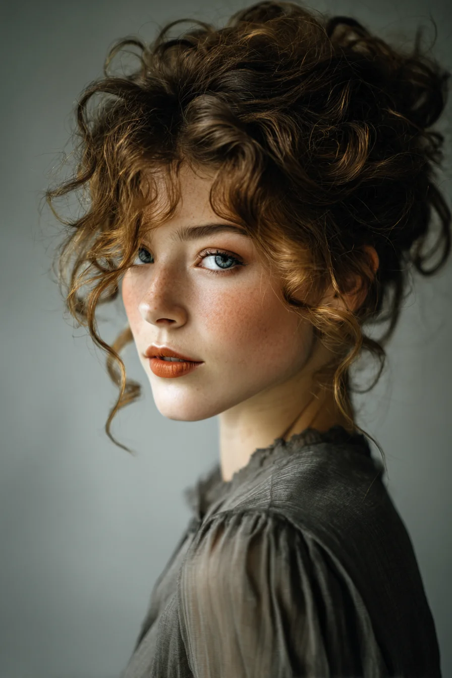 Soft Messy Curly Updo with Face‑Framing Tendrils