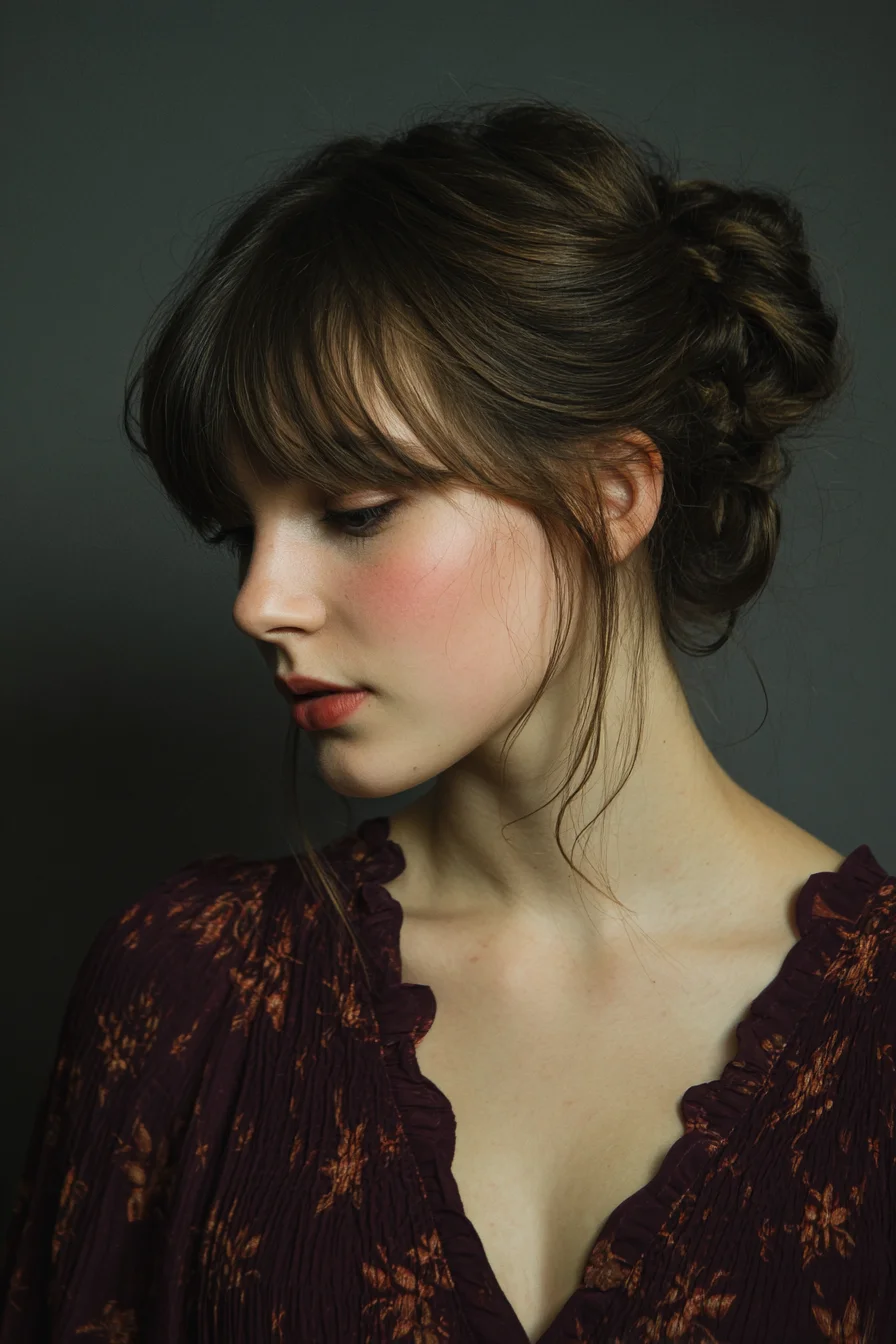 Soft Textured Low Bun with Wispy Face-Framing Bangs