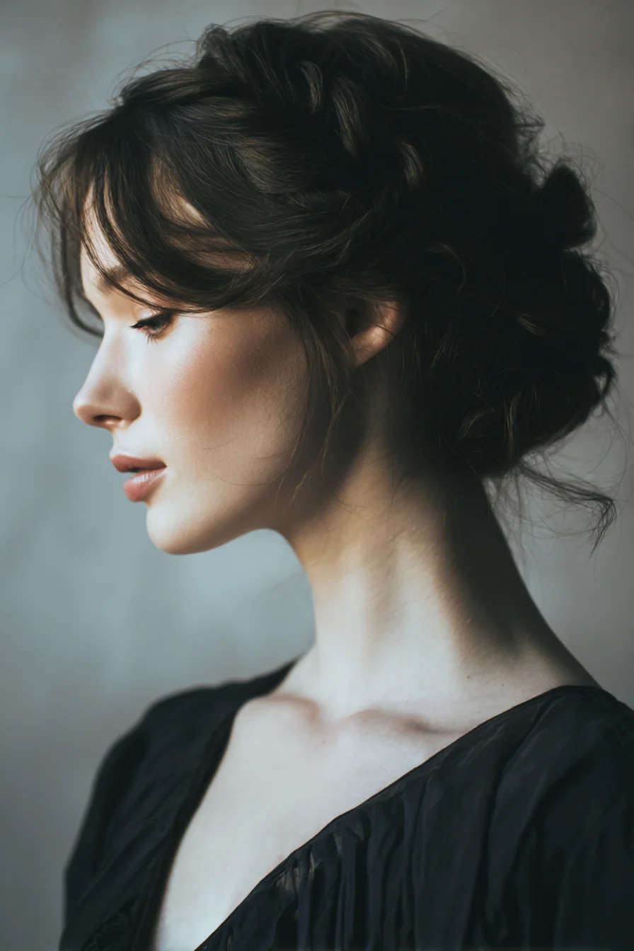 Soft Textured Low Chignon with Face‑Framing Curtain Bangs