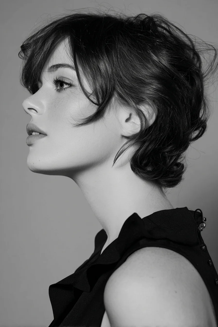 Soft Tousled Low Chignon with Face‑Framing Fringe