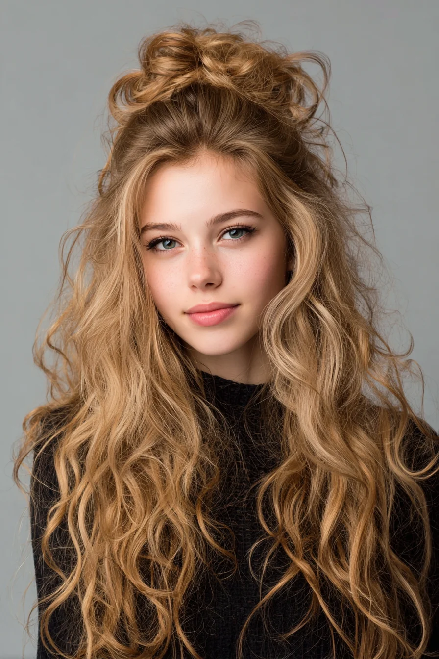 Textured Beach Waves with Messy Half-Up Top Knot